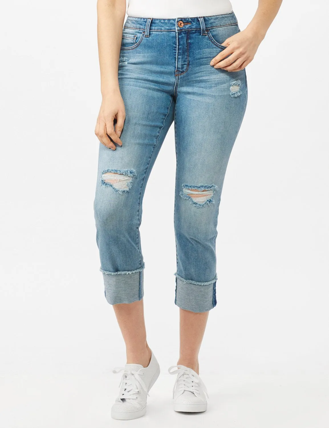 Authentic Stretch Straight Leg Denim Pants with High Fray Cuff