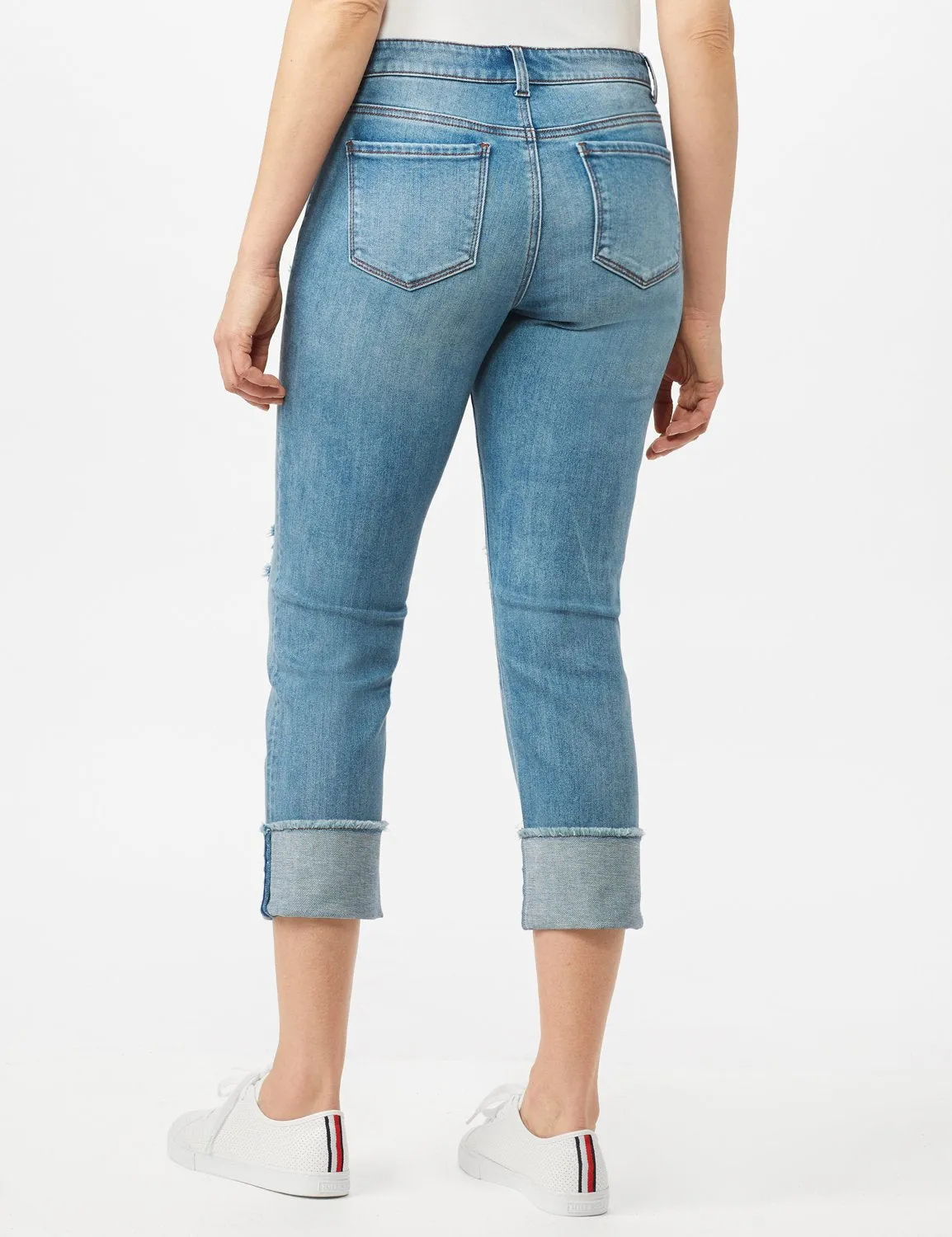 Authentic Stretch Straight Leg Denim Pants with High Fray Cuff