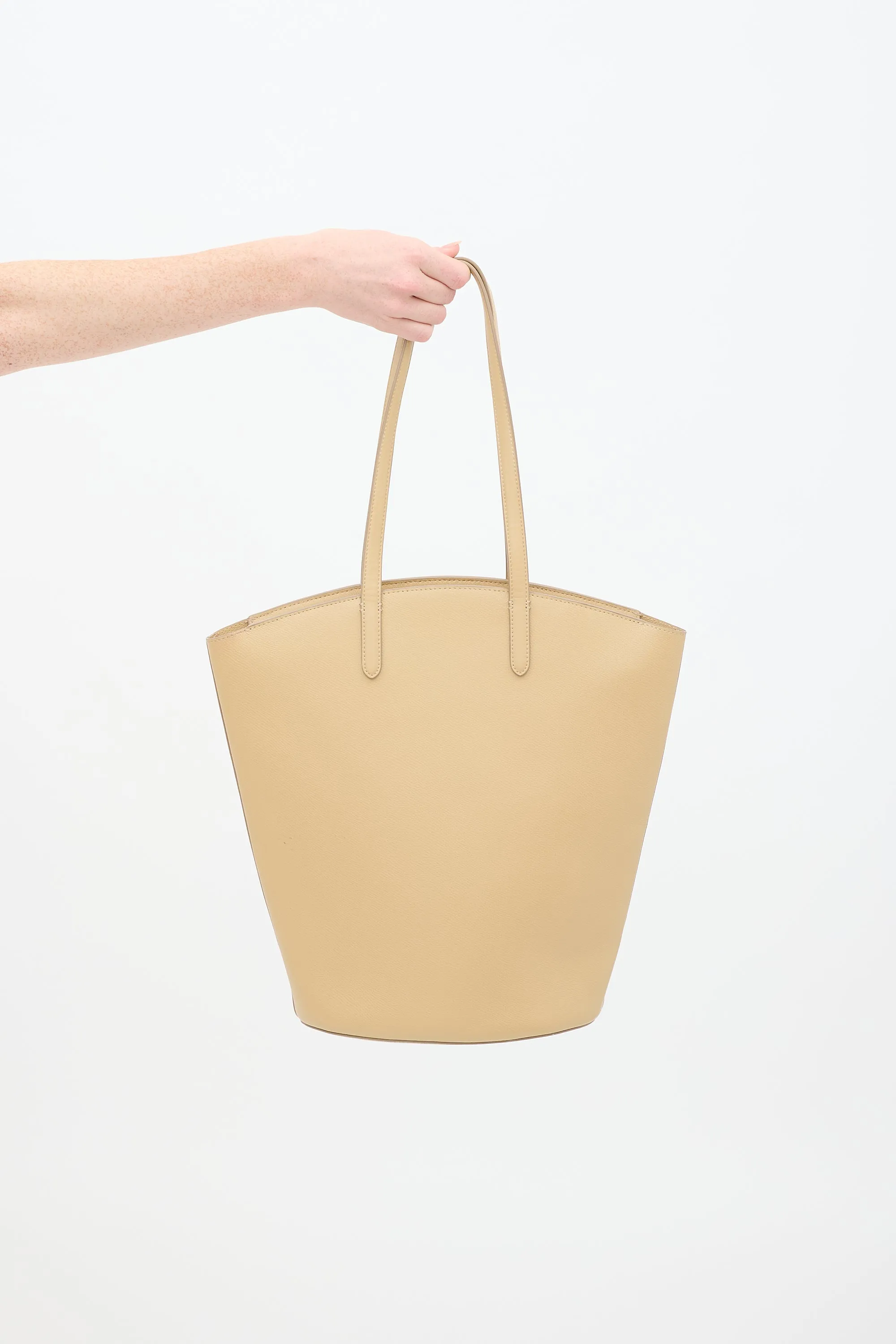 Beige Leather Structured Tote Bag