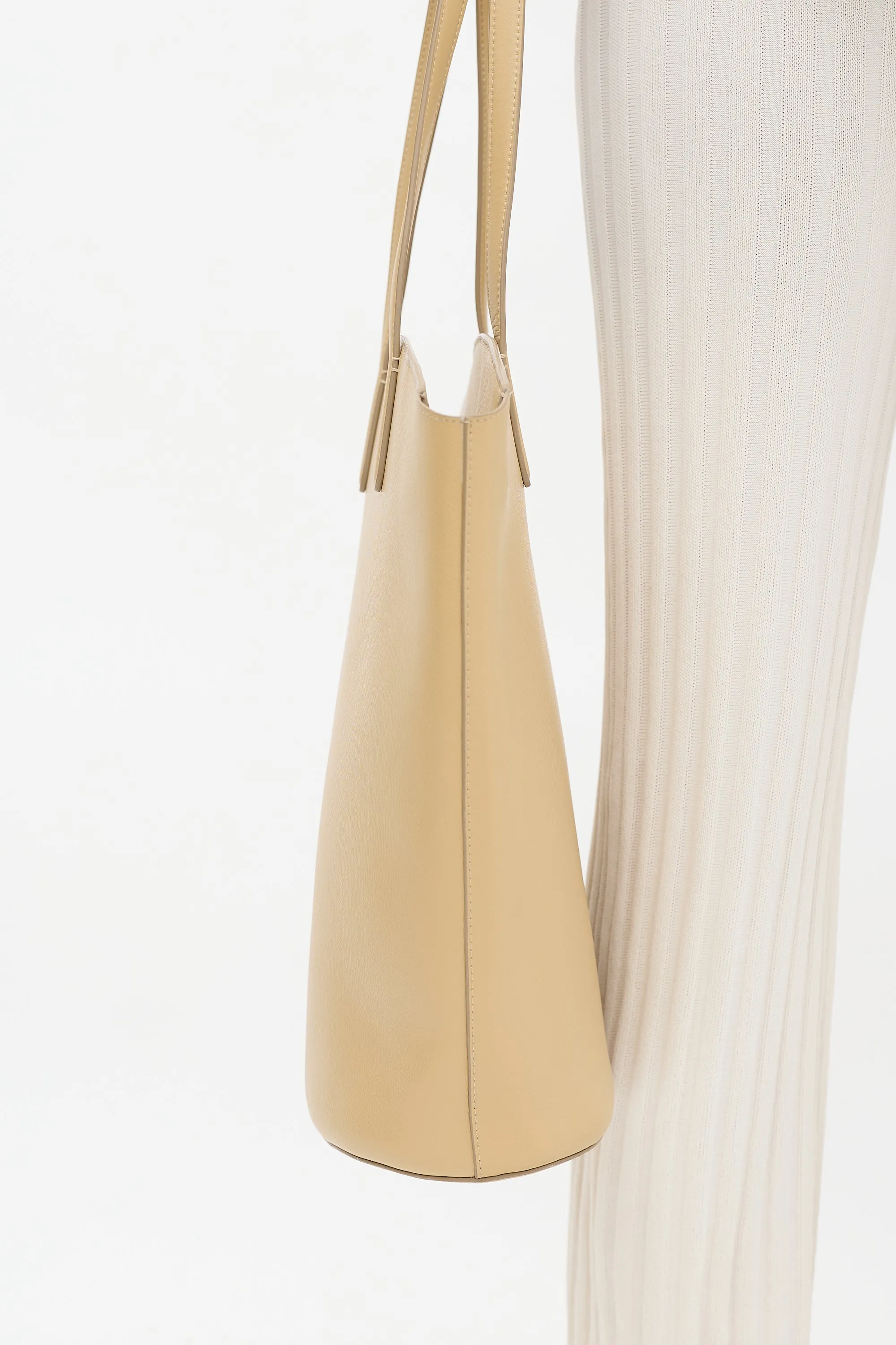 Beige Leather Structured Tote Bag