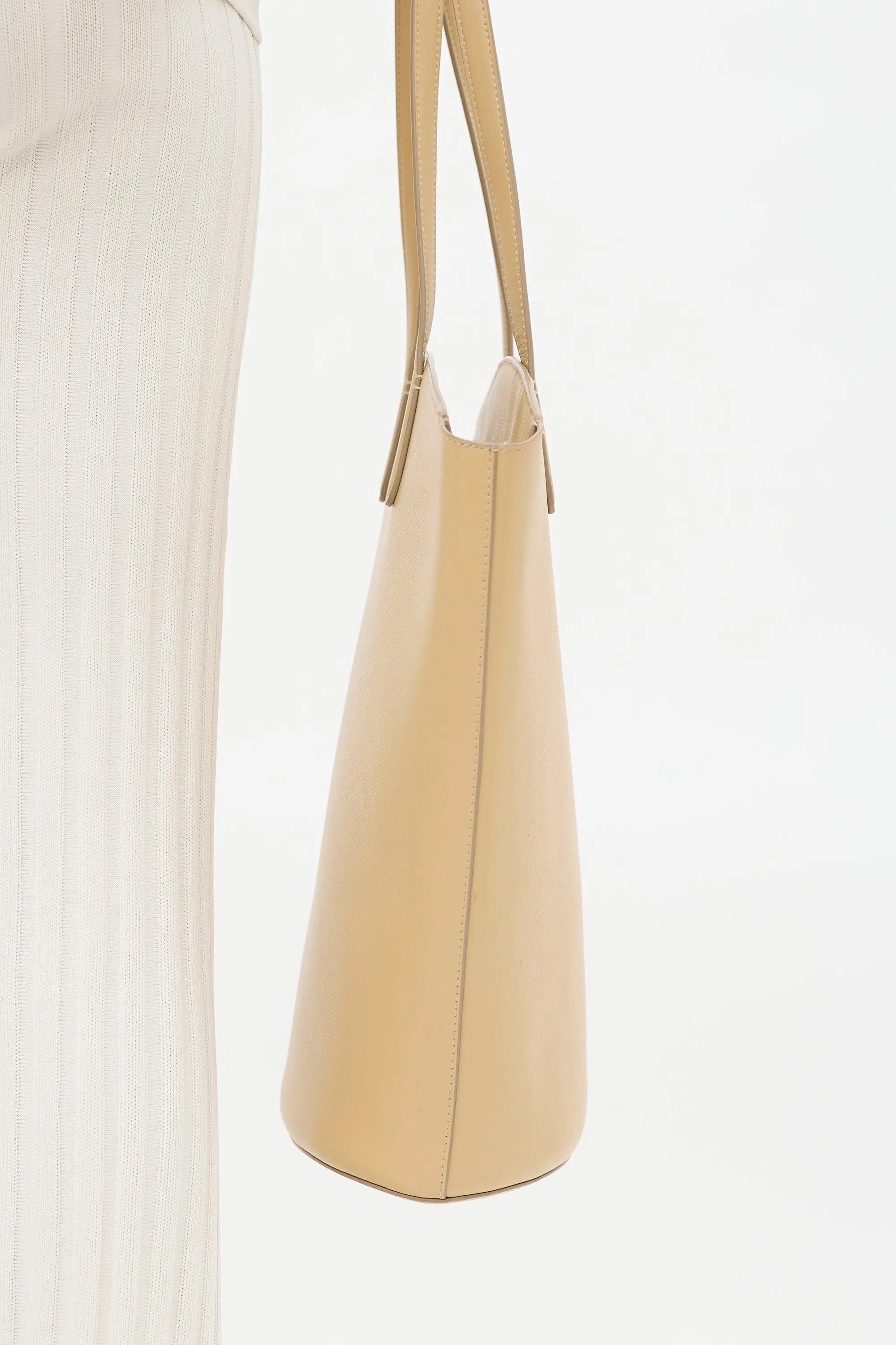 Beige Leather Structured Tote Bag