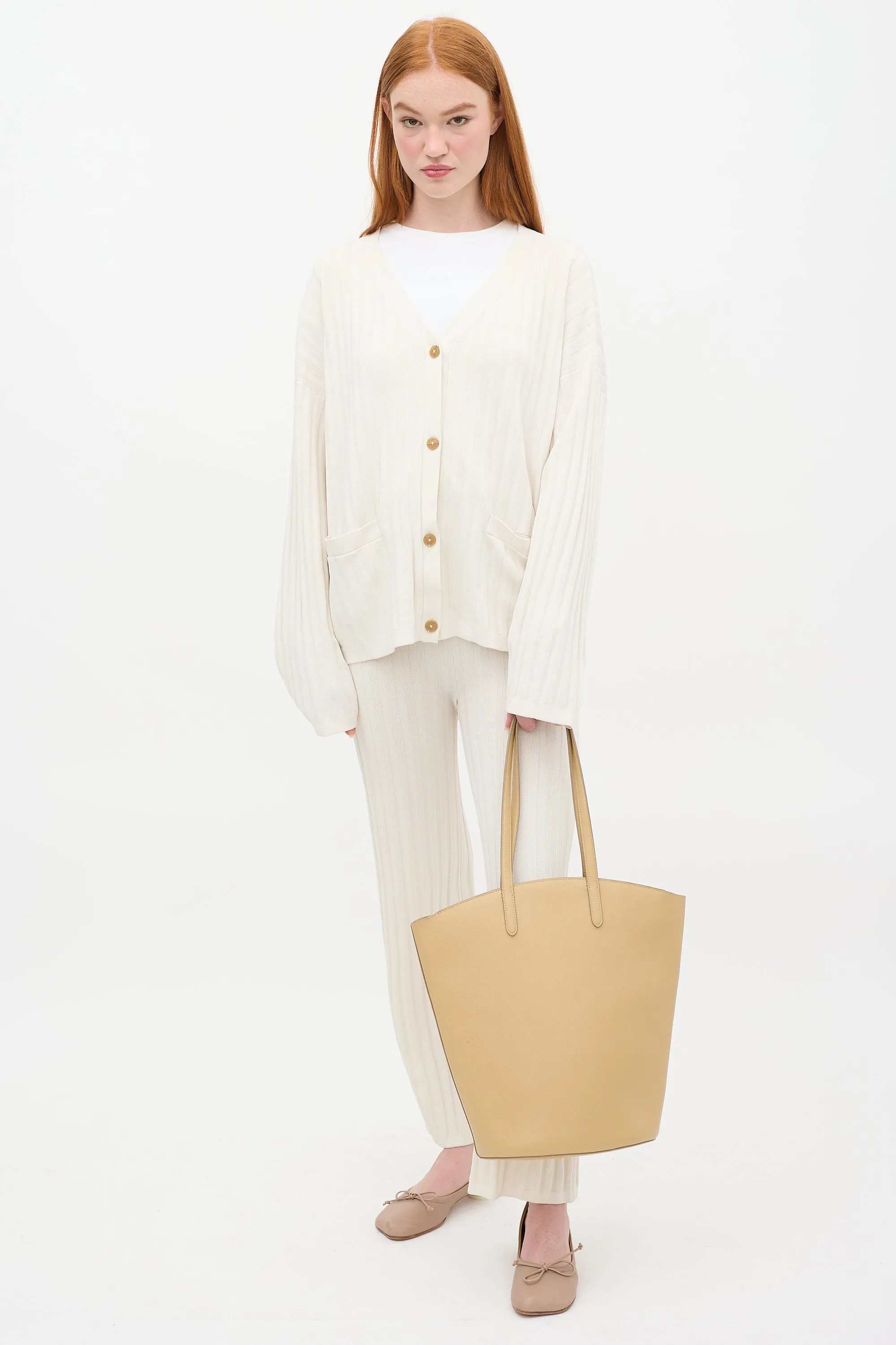 Beige Leather Structured Tote Bag