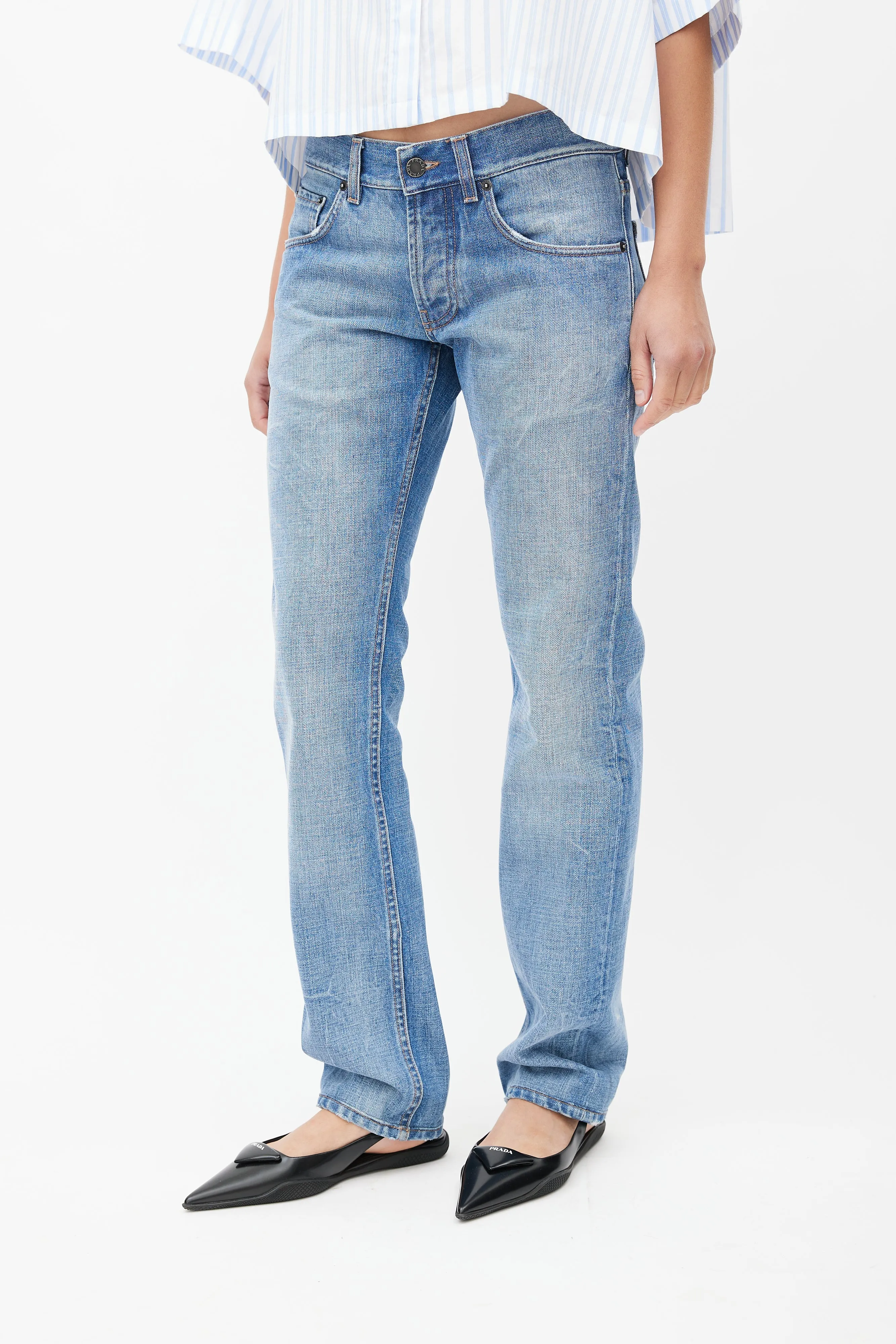 Blue Washed Straight Leg Denim Jeans