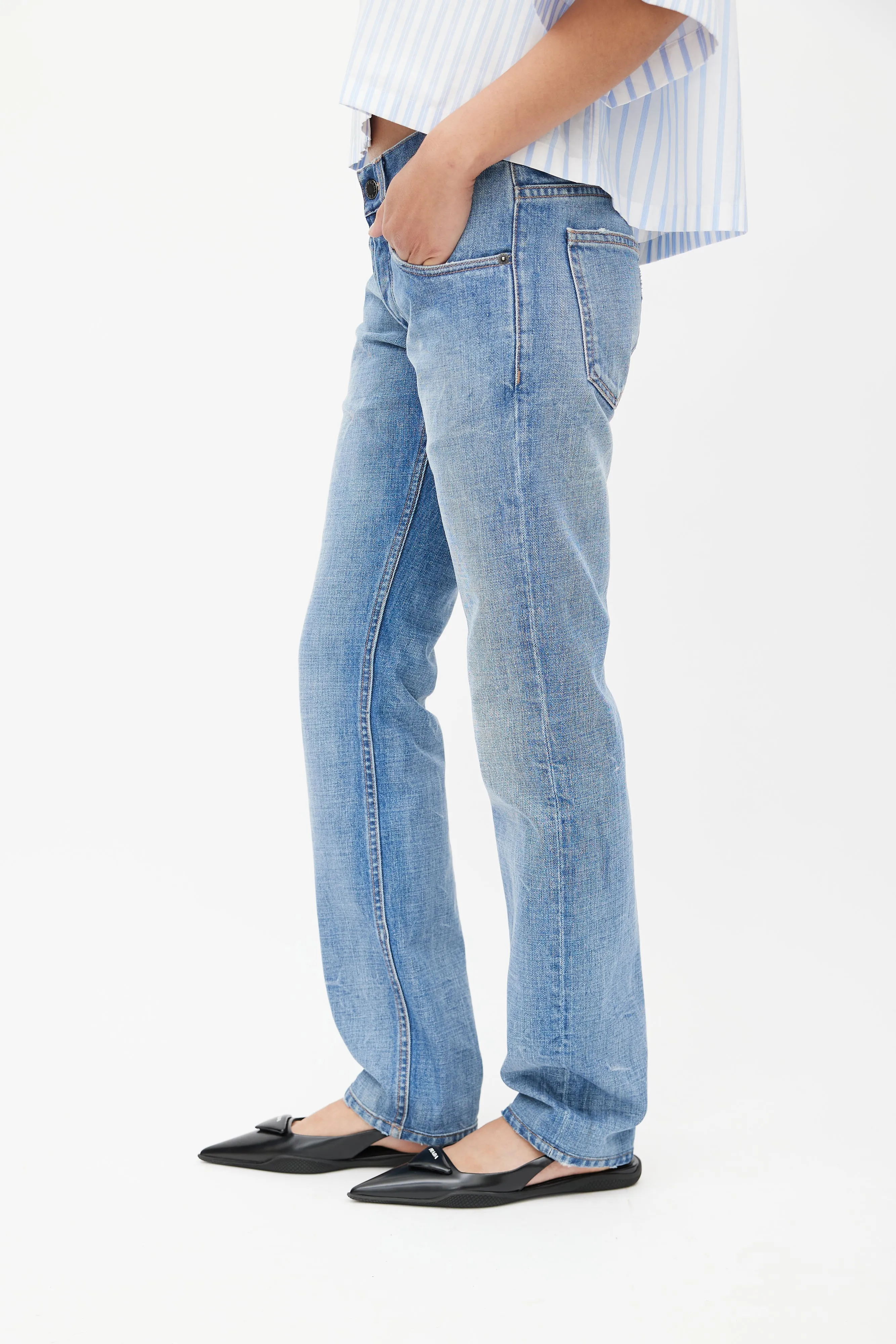 Blue Washed Straight Leg Denim Jeans