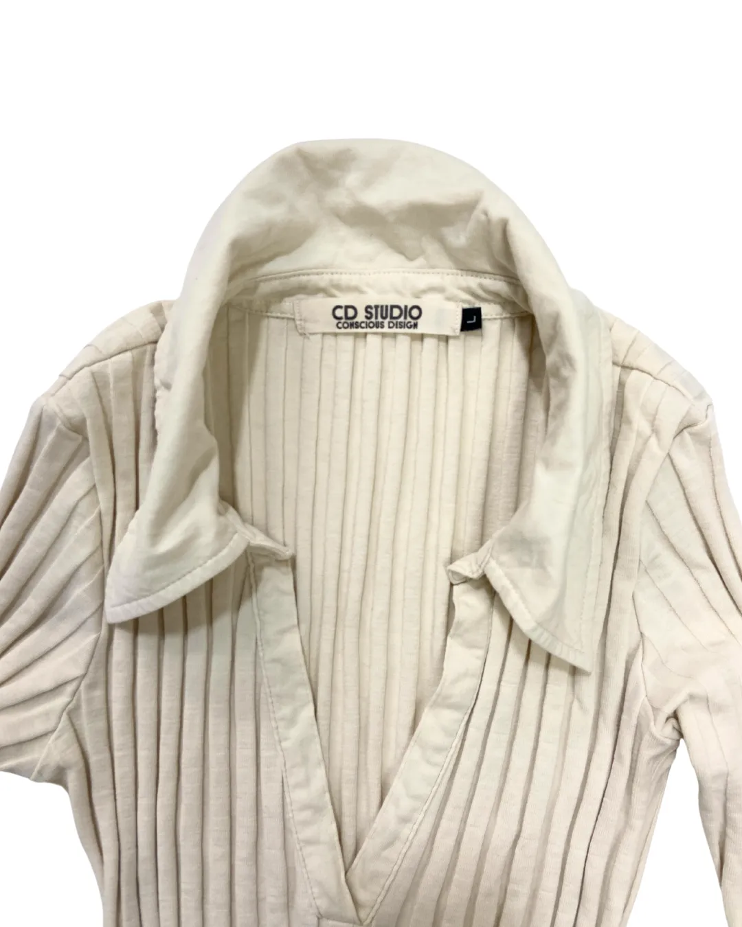 CD Studio Ribbed Beige Long Sleeve Top with Collar Detail