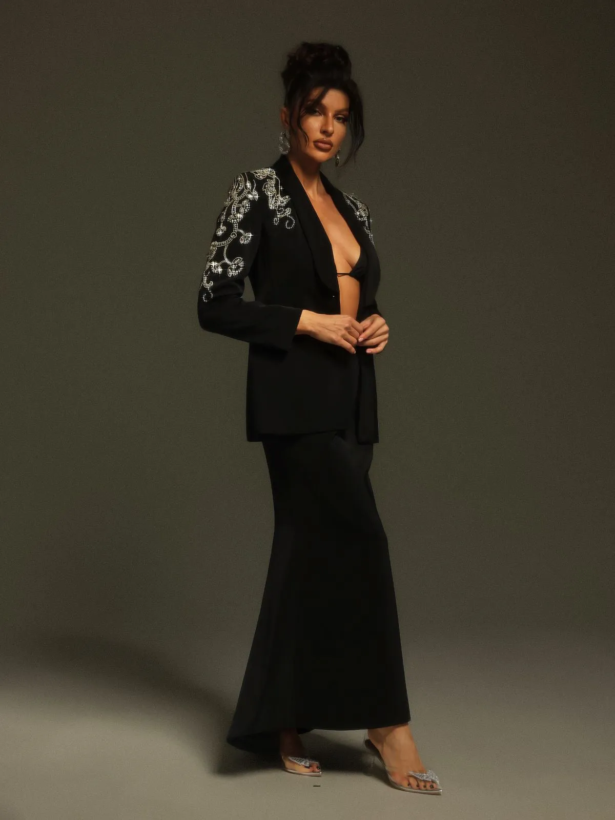 Charelle Long Sleeve Rhinestone Blazer Set