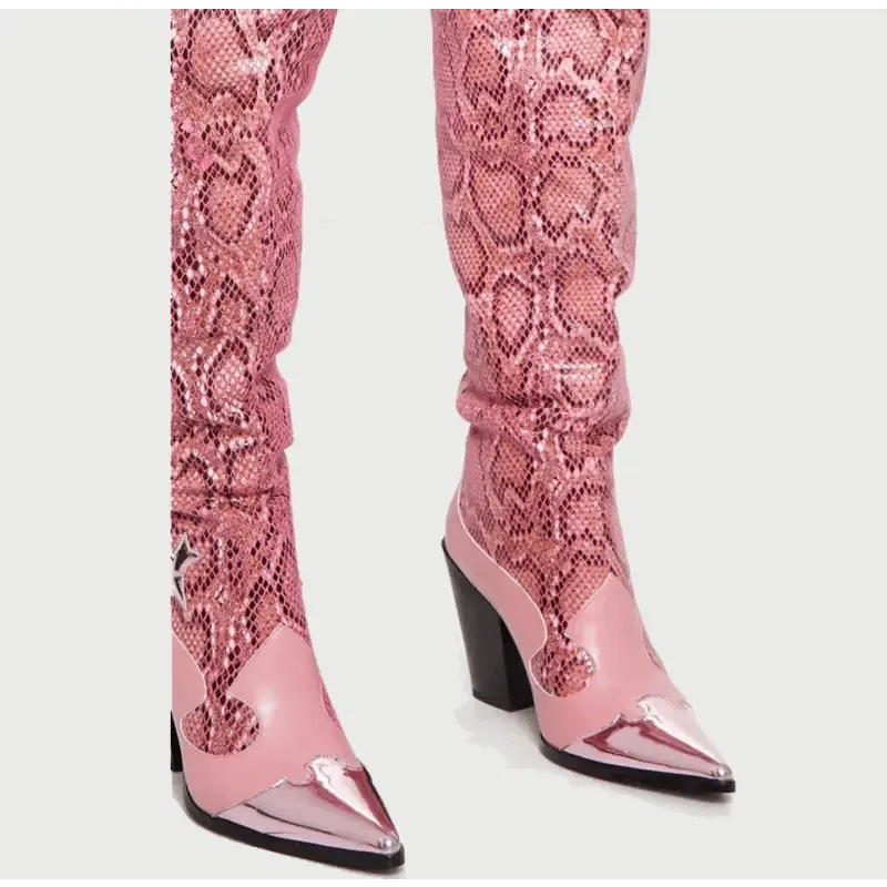 Fashion Sexy Snake Print Pointed Toe Boots Women