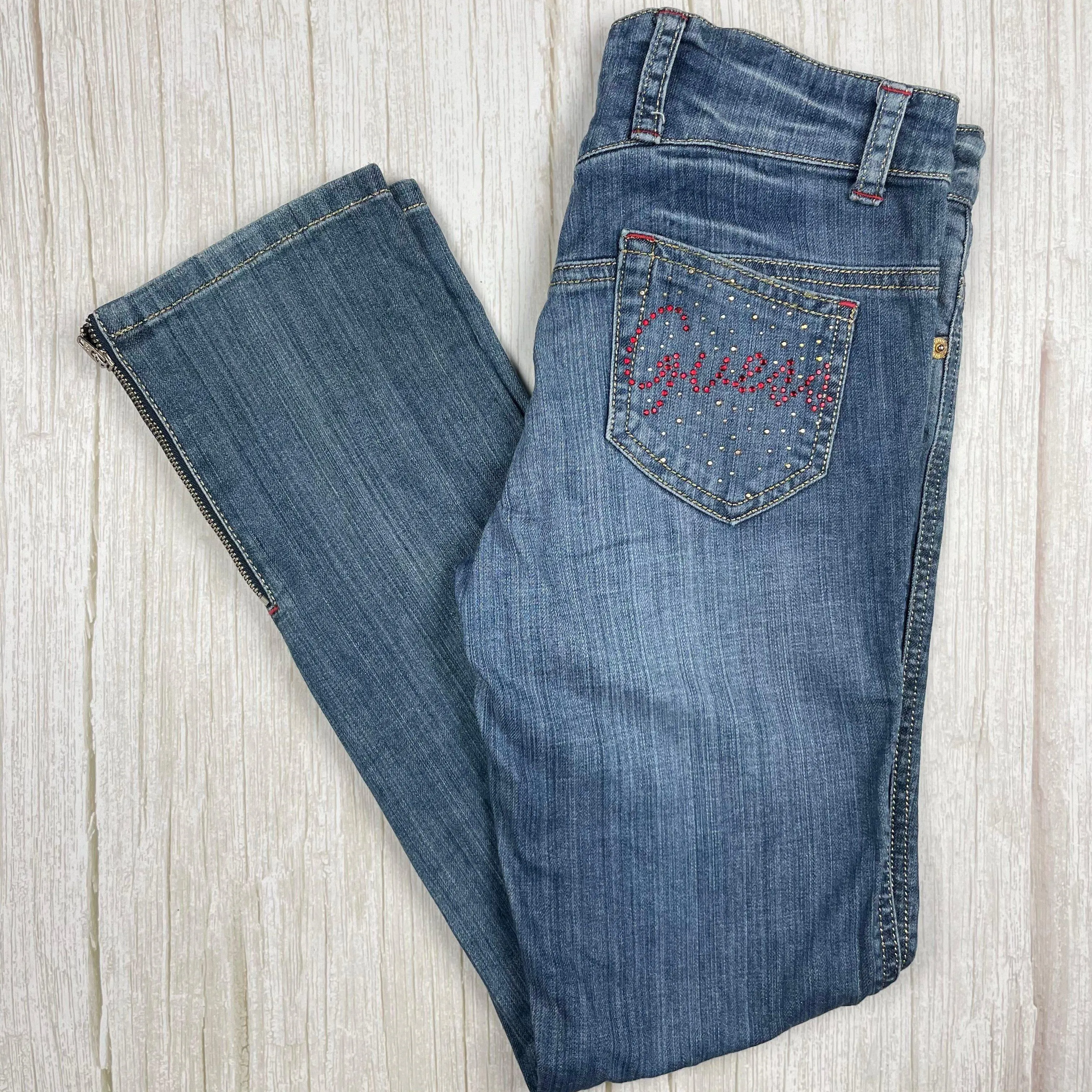 Guess Girls Crystal Logo Pocket Ankle Zip Jeans - Size 10