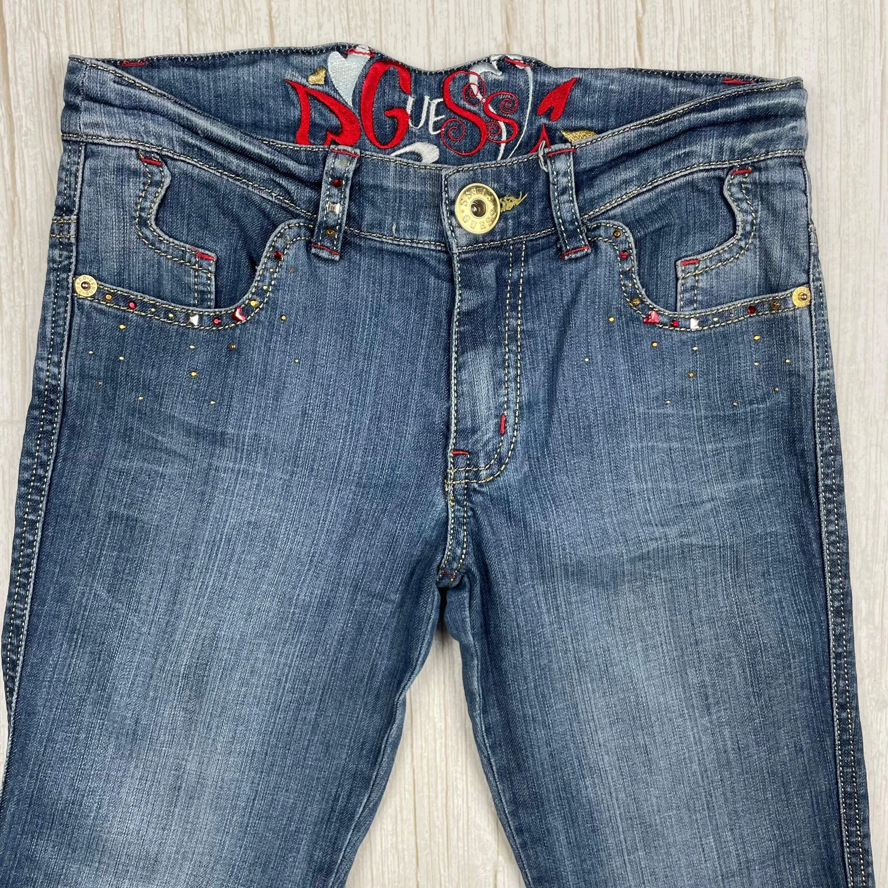 Guess Girls Crystal Logo Pocket Ankle Zip Jeans - Size 10